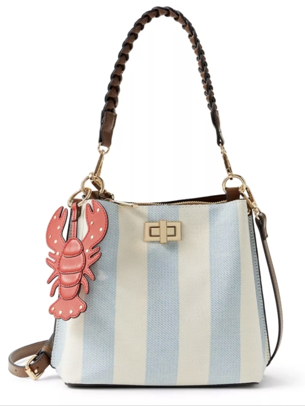 BCBGeneration Blue & Cream Striped Bucket Bag with Coral Lobster Charm